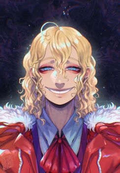 Rule 34 | 1boy, blackberreh-art, blonde hair, blue eyes, bow, curly hair, design speculation, distortion (tma), eyelashes, grin, highres, lips, long hair, male focus, michael shelley, shirt, smile, solo, teeth, the magnus archives