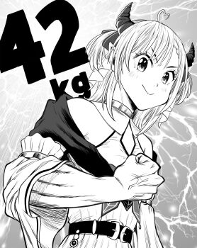 Rule 34 | 1girl, :>, ahoge, belt, cleavage cutout, clothing cutout, commentary request, demon horns, flexing, greyscale, hatching (texture), heart, heart ahoge, highres, hizuki kanon, horns, indie virtual youtuber, lee (dragon garou), lightning, monochrome, neck ribbon, open mouth, pointy ears, ribbon, smile, solo, toned, toned female, two side up, upper body, virtual youtuber, weight