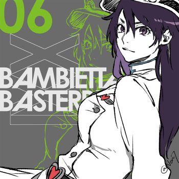 1girl bambietta_basterbine bleach bleach:_sennen_kessen-hen character_name grey_background hat highres long_hair military_hat military_uniform non7 purple_eyes purple_hair quincy_(bleach) solo sternritter