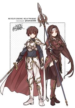 1boy 1girl altena_(fire_emblem) arm_guards armor ben-day_dots black_gloves black_thighhighs boots breastplate breasts brown_eyes brown_hair closed_mouth commentary dated elbow_gloves faulds fire_emblem fire_emblem:_genealogy_of_the_holy_war full_body gloves greaves headband highres holding holding_polearm holding_sword holding_weapon knee_boots leif_(fire_emblem) light_brand long_hair long_sleeves looking_at_viewer nintendo pants parted_bangs polearm red_armor sayu030b screentones shoulder_armor siblings signature simple_background small_breasts standing sword thighhighs vambraces watermark weapon white_armor white_background white_boots white_headband white_pants