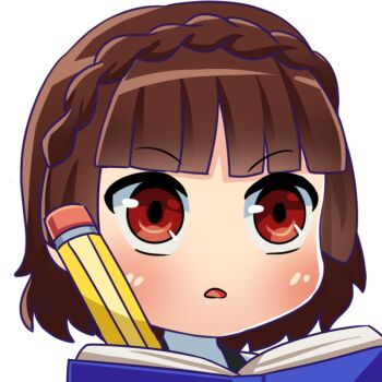 1girl ahcreator blunt_bangs blush book braid brown_hair holding holding_pencil niijima_makoto no_nose open_book open_mouth parted_lips pencil persona persona_5 portrait red_eyes shirt short_hair simple_background solo white_shirt writing
