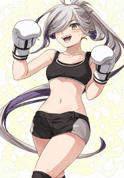 1girl ahoge alternate_costume asashimo_(kancolle) black_shorts black_sports_bra black_thighhighs boxing_gloves breasts commission cowboy_shot grey_eyes hair_over_one_eye highres kanmiya_shinobu kantai_collection looking_at_viewer open_mouth ponytail sharp_teeth shorts skeb_commission small_breasts smile solo sports_bra teeth thighhighs