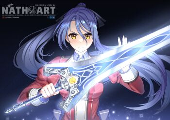 Rule 34 | 1girl, absurdres, artist name, back bow, bow, commentary, commission, curtained hair, eiyuu densetsu, english commentary, english text, floating hair, folded collar, greatsword, hair between eyes, highres, holding, holding sword, holding weapon, huge weapon, jacket, laura s. arseid, long hair, long sleeves, looking at viewer, nathoart, parted bangs, ponytail, school uniform, sen no kiseki (series), sen no kiseki i, solo, sword, upper body, very long hair, vgen commission, watermark, weapon, yellow eyes