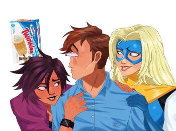 1boy 2girls artist_name blonde_blazer blonde_hair bloodbathbakery blue_shirt blush box brown_hair bulging_eyes commentary dispatch english_commentary eye_mask eye_pop grin highres invisigal_(dispatch) jacket long_hair looking_at_another looking_at_object mask multiple_girls purple_hair purple_jacket robert_robertson shirt short_hair simple_background smile teeth twinkies upper_body watch white_background wristwatch