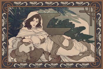 1girl art_nouveau bare_shoulders border brown_hair circlet cleavage_cutout clothing_cutout commentary_request couch dark_souls_(series) dark_souls_i gold_circlet highres long_hair lying megasus on_couch on_side ornate_border palm_leaf queen_of_sunlight_gwynevere robe solo
