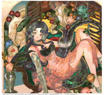 1girl animal_skull anjo_nala bare_shoulders black_hair breasts choker cleavage closed_mouth curled_horns dress elbow_gloves erotica flower foot_out_of_frame from_side gloves green_tail grey_choker grey_gloves grey_horns grey_shoes hand_on_own_knee high_heels horns lizard_tail long_dress long_hair looking_at_viewer low_horns medium_breasts pink_dress plant purple_eyes red_flower reverse:1999 shoes side_slit sitting sleeveless sleeveless_dress solo tail vase