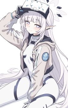 1girl absurdres blue_archive bodysuit commentary earclip english_commentary flower grey_jacket halo head-mounted_display highres himari_(armed)_(blue_archive) himari_(blue_archive) jacket long_hair long_sleeves looking_at_viewer mole mole_under_eye multicolored_halo official_alternate_costume pointy_ears seiza simple_background sitting smile solo suoniko two-tone_halo white_background white_bodysuit white_flower white_hair white_halo