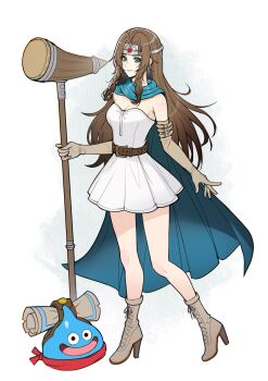 1girl absurdres aerith_gainsborough aerith_gainsborough_(supreme_sage_garb) aqua_cloak bare_shoulders boots breasts brown_hair circlet cleavage cloak closed_mouth cosplay dress earrings elbow_gloves final_fantasy final_fantasy_vii final_fantasy_vii:_ever_crisis full_body gem gloves green_eyes grey_boots grey_gloves high_heel_boots high_heels highres holding holding_staff jewelry long_hair lukrevadraws map medium_breasts official_alternate_costume open_mouth parted_bangs red_gemstone red_scarf sage_(dq3) sage_(dq3)_(cosplay) scarf short_dress sidelocks slime_(creature) slime_(dragon_quest) smile staff standing strapless strapless_dress white_background white_dress