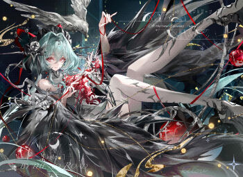 1girl absurdres aqua_hair bare_shoulders bird commentary_request dress flower green_hair hair_between_eyes hair_intakes hair_ornament high_heels highres kelou long_hair looking_at_viewer original red_eyes sensitive solo