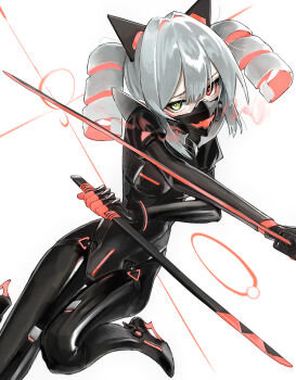 1girl bodysuit breasts drill_hair green_eyes grey_hair heterochromia highres holding holding_sheath holding_sword holding_weapon latex latex_bodysuit long_hair looking_at_viewer multicolored_hair neon_(saaal653) original pink_hair red_eyes saaal653 sheath skin_tight small_breasts solo sword thigh_gap twin_drills weapon