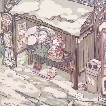2girls ^_^ bag bare_tree black_boots black_hairband boots brown_coat bus_stop bus_stop_shelter can cat chigu closed_eyes closed_mouth coat commentary_request cup earmuffs eating food fur-trimmed_boots fur_trim green_coat green_scarf green_skirt grey_hair hair_ornament hairband heart heart_hair_ornament highres holding holding_can holding_food komeiji_satori konpaku_youmu konpaku_youmu_(ghost) long_sleeves mittens mug multiple_girls outdoors pink_hair pink_mittens pleated_skirt scarf short_hair sitting skirt smile snow speech_bubble steamed_bun thought_bubble touhou translation_request trash_can tree umbrella vending_machine winter
