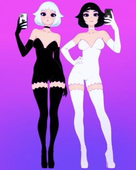 2girls bare_shoulders black_choker black_eyes black_gloves black_hair black_thighhighs bob_cut breasts choker dress elbow_gloves eyeshadow full_body gloves gluteal_fold gradient_background hand_on_own_hip high_heels highres holding holding_phone ilya_kuvshinov makeup medium_breasts multiple_girls original phone pink_background pink_eyeshadow purple_background short_hair solo strapless strapless_dress thighhighs white_choker white_gloves white_hair white_thighhighs