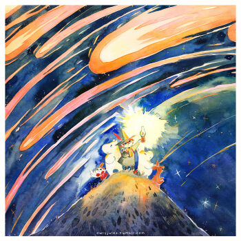 2girls 3boys animal brown_hair comet furry furry_with_non-furry green_hat green_jacket hat highres interspecies jacket lamp little_my looking_up moomin moomintroll multiple_boys multiple_girls night night_sky outdoors owlyjules rooftop sky sniff_(moomin) snork_maiden snufkin star_(sky) starry_sky