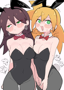 2girls absurdres animal_ears bare_shoulders black_leotard blonde_hair blush breasts breath brown_hair buzzlyears cleavage earrings fake_animal_ears fake_tail green_eyes highres jewelry leotard long_hair medium_breasts mega_man_(series) mega_man_legends_(series) multiple_girls rabbit_ears rabbit_tail roll_caskett_(mega_man) simple_background skull_earrings strapless strapless_leotard tail tron_bonne_(mega_man) white_background