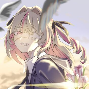 1girl arm_behind_back bird black_ribbon blazer blue_jacket blue_necktie blue_sailor_collar blurry blurry_foreground cloud collared_shirt colored_inner_hair commentary_request drill_hair evening eyepatch fang flower from_side grey_hair grin hair_intakes hair_ribbon highres holding holding_flower jacket lapels lens_flare long_hair looking_at_viewer makaino_ririmu medical_eyepatch monitoring_(vocaloid) multicolored_hair necktie nijisanji notched_lapels official_alternate_costume official_alternate_hairstyle onigiri_pumai open_clothes open_jacket pink_flower pink_hair pink_streaks pink_tulip pointy_ears portrait red_eyes ribbon sailor_collar school_uniform shirt sidelighting sidelocks sky smile solo standing streaked_hair sunset tulip two-tone_hair two_side_up virtual_youtuber white_shirt