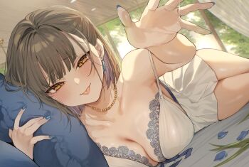 1girl :p absurdres bare_arms blue_nails blunt_bangs blush bra breasts brown_eyes brown_hair cleavage closed_mouth collarbone danimaru day earrings highres indoors jewelry large_breasts lingerie medium_hair necklace original outstretched_hand pillow ring sidelocks skirt smile solo tongue tongue_out underwear variant_set wedding_ring white_bra white_skirt window