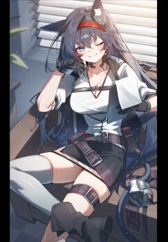 Rule 34 | 1girl, absurdres, animal ear fluff, animal ears, arknights, asymmetrical legwear, belt, black boots, black gloves, black hair, black skirt, blaze (arknights), blue eyes, boots, breasts, brown belt, cat ears, cat girl, cat tail, cleavage, clipboard, collarbone, commentary request, figure four sitting, gloves, hairband, highres, holding, holding clipboard, holding pen, indoors, infection monitor (arknights), jacket, large breasts, long hair, looking at viewer, nabezuru, one eye closed, pen, red hairband, short sleeves, single thighhigh, sitting, skindentation, skirt, smile, solo, tail, tank top, thigh belt, thigh strap, thighhighs, thighs, uneven legwear, white jacket, white tank top, white thighhighs, window shutter