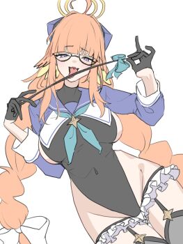 1girl aqua_neckerchief blue_archive blue_shrug braid breasts dadada_(hukutsu_bot_) fangs glasses gloves half_gloves halo highres holding holding_riding_crop large_breasts leotard licking looking_at_viewer neckerchief orange_hair riding_crop shimiko_(blue_archive) shimiko_(magical)_(blue_archive) shrug_(clothing) sideboob simple_background skin_fangs tongue tongue_out twin_braids twintails white_background yellow_halo
