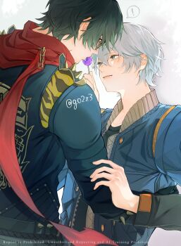 ! 2boys against_wall black_shirt blue_jacket candy collarbone food gogo_(go2z3) green_eyes green_hair green_jacket grey_hair hair_between_eyes hand_on_another&#039;s_arm hand_on_another&#039;s_waist highres holding holding_candy holding_food holding_lollipop jacket leather leather_jacket lighter_(zenless_zone_zero) lollipop lollipop_in_mouth looking_at_another multiple_boys red_pupils red_scarf scarf shirt short_hair shoulder_spikes spiked_belt spiked_jacket spikes spoken_exclamation_mark studded_gloves sunglasses twitter_username white_background wise_(zenless_zone_zero) yaoi zenless_zone_zero zipper