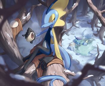 Rule 34 | absurdres, closed eyes, closed mouth, drizzile, evolutionary line, food, gen 8 pokemon, highres, hoishere7, holding, holding food, inteleon, nintendo, onsen, outdoors, parted lips, pokemon, pokemon (creature), pokemon focus, sitting, smile, sobble, steamed bun, towel, tree, water, yellow eyes