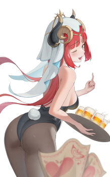 1girl ;d absurdres alternate_costume ass backless_leotard bare_shoulders black_leotard black_pantyhose blush breasts commentary drelouder fake_tail genshin_impact highleg highleg_leotard highres holding holding_tray leotard long_hair looking_at_viewer looking_back medium_breasts nilou_(genshin_impact) one_eye_closed open_mouth pantyhose rabbit_tail red_hair simple_background smile solo strapless strapless_leotard tail tray twintails veil very_long_hair white_background white_veil