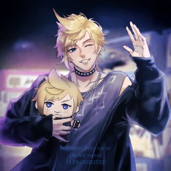 1boy black_jacket blonde_hair blue_eyes blurry blurry_background chain chain_necklace character_doll dissidia_duellum_final_fantasy dissidia_final_fantasy doll final_fantasy final_fantasy_xv freckles grin highres jacket jacket_partially_removed jewelry male_focus multiple_necklaces necklace one_eye_closed parted_lips print_shirt prompto_argentum scrltt_phtgrph shirt short_hair smile solo spiked_hair studded_choker teeth upper_body waving