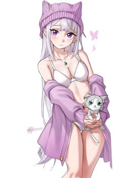 1girl bare_shoulders bra breasts cardigan closed_mouth commentary elf emilia_(re:zero) english_commentary feet_out_of_frame green_eyes grey_hair hat hat_with_ears highres jewelry legs_together long_hair long_sleeves looking_at_viewer medium_breasts necklace off_shoulder open_cardigan open_clothes paid_reward_available panties pendant pink_cardigan pink_hat pointy_ears puck_(re:zero) purple_eyes re:zero_kara_hajimeru_isekai_seikatsu simple_background solo standing thigh_gap twitter_username underwear very_long_hair waligner white_background white_bra white_panties