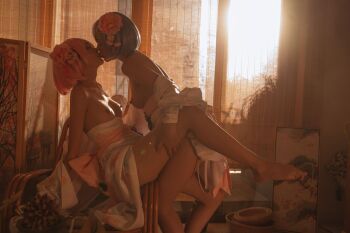 Rule 34 | 2girls, bare shoulders, barefoot, blue hair, breasts, breasts out, chinese (nationality), closed eyes, cosplay, from side, functionally nude, grabbing another's leg, japanese clothes, kimono, kinngyo, kiss, leaning back, leg grab, medium breasts, multiple girls, nekokoyoshi, nipples, nude, photo (medium), pink hair, ram (re:zero), ram (re:zero) (cosplay), re:zero kara hajimeru isekai seikatsu, real life, rem (re:zero), rem (re:zero) (cosplay), short hair, sitting, topless female, yuri