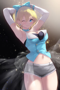 1girl ;) armpits arms_up bemani black_background black_shorts blonde_hair blue_choker blue_hairband breasts cait_aron choker cleavage commentary_request earrings elbow_gloves gloves gradient_background hairband jewelry judy_(pop'n_music) looking_at_viewer medium_breasts midriff navel one_eye_closed pop'n_music short_hair shorts smile solo standing thighs white_gloves