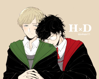 2boys black_hair blonde_hair blue_eyes closed_eyes closed_mouth collar draco_malfoy drooling glasses gryffindor harry_potter harry_potter_(series) hogwarts_school_uniform looking_at_another male_focus messy_hair multiple_boys necktie pubupu11 saliva school_uniform shirt short_hair simple_background sleeping sleeping_on_person slytherin striped_necktie twitter_username upper_body white_shirt wing_collar wizarding_world yaoi