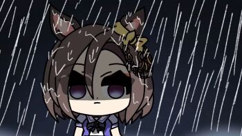 1girl air_groove_(umamusume) animal_ears animated animated_gif bow bowtie brown_hair chibi chibi_only closed_mouth ear_bow empty_eyes english_text expressionless horse_ears looking_at_viewer mood_(umamusume) puffy_short_sleeves puffy_sleeves purple_bow purple_bowtie purple_shirt rain s0m30ne school_uniform shaded_face shirt short_hair short_sleeves solo summer_uniform tracen_school_uniform umamusume yellow_bow