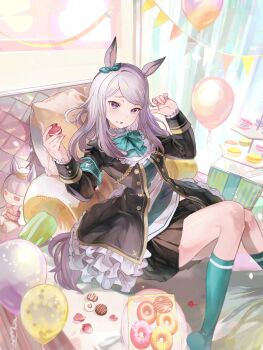 1girl 8_utauyo absurdres animal_ears aqua_bow aqua_bowtie aqua_socks balloon black_jacket black_skirt blush bow bowtie chocolate coat commentary_request donut ear_bow ear_ribbon food frilled_coat frilled_jacket frills glutton highres holding holding_food horse_ears horse_girl horse_tail jacket korean_commentary long_hair long_sleeves looking_at_viewer macaron mejiro_mcqueen_(frontline_elegance)_(umamusume) mejiro_mcqueen_(umamusume) on_bed parted_lips pillow pleated_skirt purple_eyes purple_hair ribbon sailor_collar shirt skirt socks solo striped_clothes striped_shirt tail tiered_tray umamusume