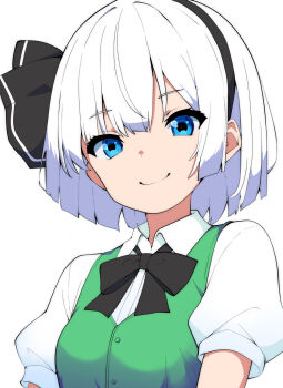 1girl black_bow black_hairband blue_eyes bow green_vest hairband highres konpaku_youmu looking_at_viewer new_kamiyan shirt short_hair short_sleeves simple_background smile solo touhou upper_body vest white_background white_hair white_shirt