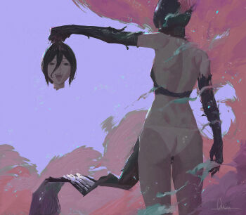 1girl apron ass black_apron black_gloves black_hair bomb_devil_(chainsaw_man) chainsaw_man elbow_gloves gloves hair_between_eyes highres holding_detached_head object_head open_mouth panties qosic reze_(chainsaw_man) tongue tongue_out underwear white_panties