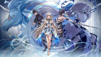 Rule 34 | 1boy, 3girls, absurdres, bare legs, bare shoulders, black dress, black gloves, black hair, black jacket, blue hair, breasts, cartethyia (wuthering waves), colored inner hair, commentary, crown of thorns, dress, dual persona, earrings, female rover (wuthering waves), fleurdelys (wuthering waves), floating earrings, gloves, highres, horns, imperator (wuthering waves), jacket, jewelry, large breasts, legs, long hair, long horns, low ponytail, male rover (wuthering waves), medium breasts, multicolored hair, multiple girls, own hands clasped, own hands together, pangu terminal (wuthering waves), pointy ears, ponytail, ray (36smray), rover (wuthering waves), single horn, small breasts, tabard, unicorn, white tabard, wuthering waves