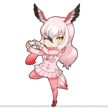 1girl animal_ears bird_ears bird_girl bird_tail bird_wings blazer greater_flamingo_(kemono_friends) highres jacket kemono_friends long_hair looking_at_viewer necktie official_art one_eye_closed pantyhose pink_hair scarf shirt shoes simple_background skirt solo tachi-e tail wings yellow_eyes yoshizaki_mine