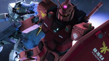 3d absurdres annhan beam_rifle blender_(medium) char_aznable character_request color_variation commentary emblem energy_gun gundam highres insignia machinery mecha mecha_focus military mixed-language_commentary mobile_suit mobile_suit_gundam mobile_suit_gundam_the_origin robot roundel rx-78-2_gundam science_fiction shield space star_(symbol) star_symbol_background thrusters upper_body v-fin weapon zeon