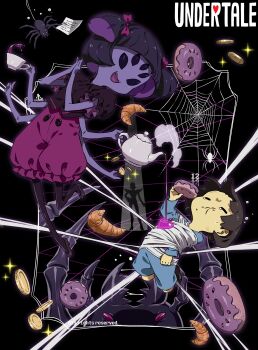 1girl 1other :t absurdres androgynous arthropod_girl black_background black_footwear black_hair black_pantyhose blunt_bangs blunt_ends bound bow brown_footwear brown_hair brown_shirt bug cel_shading child coin collared_shirt colored_inner_hair colored_skin commentary copyright_name croissant cup donut eating entangled extra_arms extra_eyes fangs food food_on_face frilled_shorts frilled_sleeves frills frisk_(undertale) from_side full_body hair_bow hands_up highres holding holding_cup holding_food holding_teapot insect_girl kamezaemon mettaton monster_girl muffet multicolored_hair open_mouth own_hands_together pantyhose pink_shorts pouring puffy_short_sleeves puffy_shorts puffy_sleeves purple_skin romper shirt shoes short_hair short_sleeves shorts silhouette silk simple_background skin_fangs smile sparkle spider spider_girl spider_web spotlight sweat teacup teapot tearing_up tied_up_(nonsexual) two_side_up undertale utdr_(toby_fox)