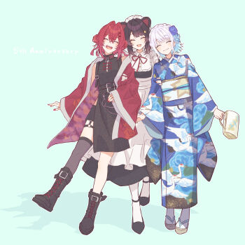 3girls :d ^_^ ange_katrina ange_katrina_(china_dress) animal_ears animal_print anniversary apron aqua_background bag belt bird_print black_belt black_boots black_dress black_shoes black_shorts blue_flower blue_hair blue_kimono blush boots brown_hair bun_cover closed_eyes closed_mouth coat colored_inner_hair combat_boots commentary_request crossed_bangs dog_ears dot_nose double_bun dress english_text fangs floral_print flower grey_thighhighs hair_between_eyes hair_bun hair_flower hair_intakes hair_ornament handbag highres holding holding_another's_arm holding_bag inui_toko inui_toko_(western_maid) japanese_clothes kimono lace-up_boots lize_helesta lize_helesta_(6th_costume) long_bangs long_sleeves maid medium_dress multicolored_hair multiple_belts multiple_girls nail_polish neck_ribbon nijisanji o-ring o-ring_thigh_strap obi obiage obijime open_mouth outline red_coat red_hair red_nails red_ribbon ribbon sanbaka_(nijisanji) sandals sash shadow shoes short_hair shorts side_slit simple_background single_thighhigh sleeveless sleeveless_dress smile socks standing star_(symbol) star_print talunilu_uu3 tassel tassel_hair_ornament teeth thigh_strap thighhighs two-tone_hair upper_teeth_only virtual_youtuber waist_apron walking white_apron white_hair white_outline white_socks wide_sleeves