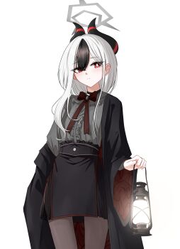 1girl absurdres alternate_costume black_choker black_hair black_horns black_robe black_skirt blue_archive bright_pupils choker commentary cowboy_shot demon_horns english_commentary frilled_shirt frills grey_halo grey_shirt hair_between_eyes halo highres hit_by_hit holding holding_lantern horns kayoko_(blue_archive) lantern long_hair long_sleeves multicolored_hair pantyhose red_eyes red_ribbon ribbon robe robe_partially_removed shirt simple_background single_off_shoulder skirt solo two-tone_hair white_background white_hair white_pupils