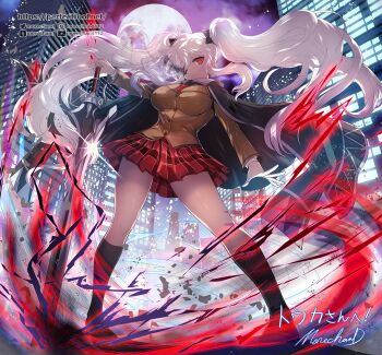 1girl aura black_cape black_socks blender_(medium) breasts cape checkered_clothes checkered_skirt city city_lights devil_may_cry_(series) eyepatch full_moon highres holding holding_sword holding_weapon instagram_username kneehighs large_breasts marvelous moon moreshan necktie night planted planted_sword planted_weapon pleated_skirt procreate_(medium) red_eyes red_necktie red_queen_(sword) red_skirt school_uniform senran_kagura sidelocks signature skirt sky socks solo sword tumblr_username twintails twitter_username weapon white_hair yagyu_(senran_kagura)