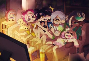 5girls agent_8_(splatoon) anklet aqua_eyes aqua_hair barefoot bed black_hair blurry blurry_background bottle bunk_bed callie_(splatoon) character_doll closed_eyes commentary_request couch crossed_legs cup dark-skinned_female dark_background dark_skin doll drink drinking_straw dvd_(object) fangs flat_screen_tv food friday_the_13th gradient_hair green_hair horrified inkling isamu-ki_(yuuki) jason_voorhees jewelry light lying marie_(splatoon) marina_(splatoon) multicolored_hair multiple_girls night nintendo octoling octoling_girl octoling_player_character octotrooper on_back open_mouth pajamas pearl_(splatoon) pillow pink_hair pocky pointy_ears purple_eyes scared screen_light sitting sleeping sleepover smile snoring splatoon_(series) splatoon_2 stuffed_toy television tentacle_hair turn_pale white_hair yellow_eyes