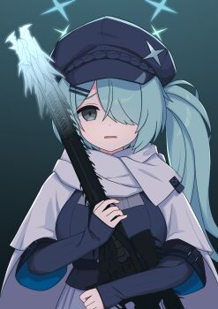 1girl absurdres aqua_hair blue_archive commentary_request destiny_(game) gun hair_ornament hair_over_one_eye halo hat highres hiyori_(blue_archive) holding holding_gun holding_weapon long_hair looking_at_viewer open_mouth side_ponytail solo tagme weapon whisper_of_the_worm_(destiny) zddma20