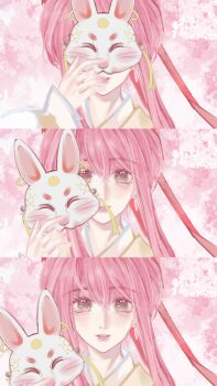 1girl absurdres brown_eyes closed_mouth day eyelashes flower hair_between_eyes hair_ornament highres light_blush lipstick long_hair long_sidelocks long_sleeves looking_at_viewer loose_hair_strand makeup mask mid-autumn_festival nikki_(nikki) nikki_(series) outdoors parted_lips pink_flower pink_lips qingxu rabbit_mask red_ribbon removing_mask ribbon sequential sidelocks sleeves_past_wrists smile spring_(season) upper_body white_mask white_sleeves yellow_hanfu