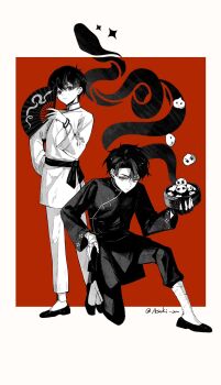 2boys aged_down asaki_an black_eyes black_hair border changpao character-themed_food chinese_clothes commentary dumpling food hand_fan hand_on_own_hip heterochromia highres holding holding_bamboo_steamer holding_fan kim_dokja looking_at_viewer multiple_boys oldest_dream omniscient_reader&#039;s_viewpoint on_one_knee outside_border secretive_plotter short_hair smile snake standing symbol-only_commentary white_border yellow_eyes yoo_joonghyuk