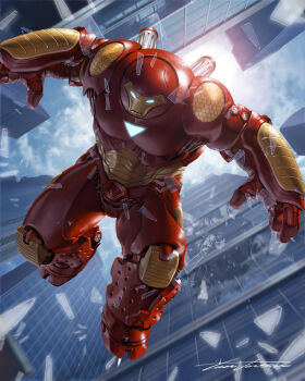 1boy arc_reactor armor blue_sky broken_glass broken_window building city cloud commentary day english_commentary from_below glass highres hulkbuster iron_man iron_man_(series) male_focus marvel official_art power_armor red_armor signature sky skyscraper solo yellow_armor yoon_junggeun