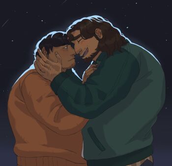 2boys bara beard beard_stubble blush brown_hair couple face-to-face facial_hair from_side full_beard hand_hair happy highres male_focus mature_male medium_hair multiple_boys night night_sky noses_touching orange_sweater original profile shooting_star short_hair sky smile standing star_(sky) starry_sky stubble sweater tan thick_eyebrows upper_body wet_ghost yaoi