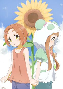 2girls :o aayh animal_ears animal_hood bare_arms bare_shoulders blue_shorts blue_sky blush bow brown_hair brown_tank_top cloud collarbone commentary_request day ear_bow fake_animal_ears flower forehead hair_ornament hairclip holding_hands hood hood_up hooded_jacket ichihara_nina idolmaster idolmaster_cinderella_girls idolmaster_cinderella_girls_u149 jacket long_hair multiple_girls orange_eyes outdoors panda_ears panda_hood parted_lips pink_bow profile puffy_short_sleeves puffy_sleeves ryuzaki_kaoru shirt short_eyebrows short_sleeves shorts signature sky sunflower tank_top thick_eyebrows white_jacket white_shirt yellow_flower