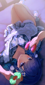 1girl absurdres apron blue_dress blue_eyes blue_hair blue_nails blue_shoes blunt_bangs donut dress eating flower food food_on_face hair_flower hair_ornament highres holding holding_donut holding_food kneehighs knees_up long_hair looking_at_viewer lying maid multicolored_dress naikon on_back plaid_clothes plaid_dress pom_pom_(clothes) pom_pom_hair_ornament shoes short_dress short_sleeves socks solo thighs tsumugi_kokage unbuttoned_dress upside-down virtual_youtuber vspo! white_apron white_socks