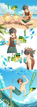 1boy 3others absurdres ajaw_(genshin_impact) arm_tattoo beach black_hair black_tank_top chest_tattoo chinese_text closed_mouth cup disposable_cup drinking_straw erzplubdduik93g genshin_impact green_eyes green_hair green_male_swimwear hair_between_eyes headband highres holding holding_cup holding_instrument holding_ukulele instrument jewelry kinich_(genshin_impact) male_focus male_swimwear multicolored_hair multiple_others necklace ocean sandals surfboard tank_top tattoo topless_male translation_request ukulele